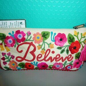 NWT Karma Living Believe Embroidered Zippered Jewelry & More Pouch